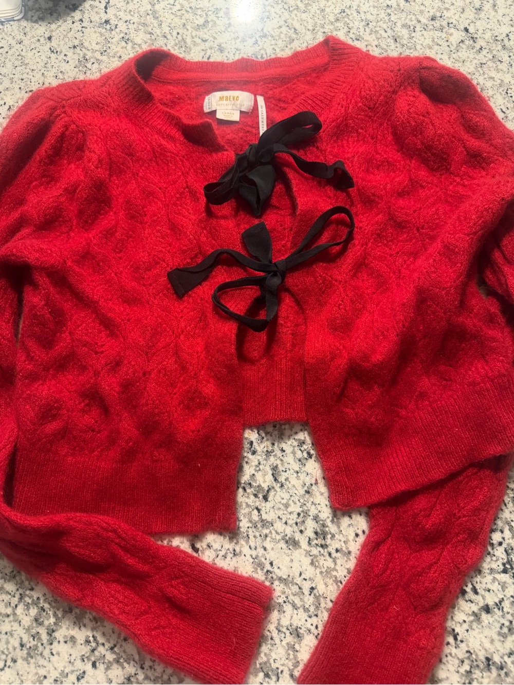 Red Cable-Knit Bow cashmere Cardigan Sweater